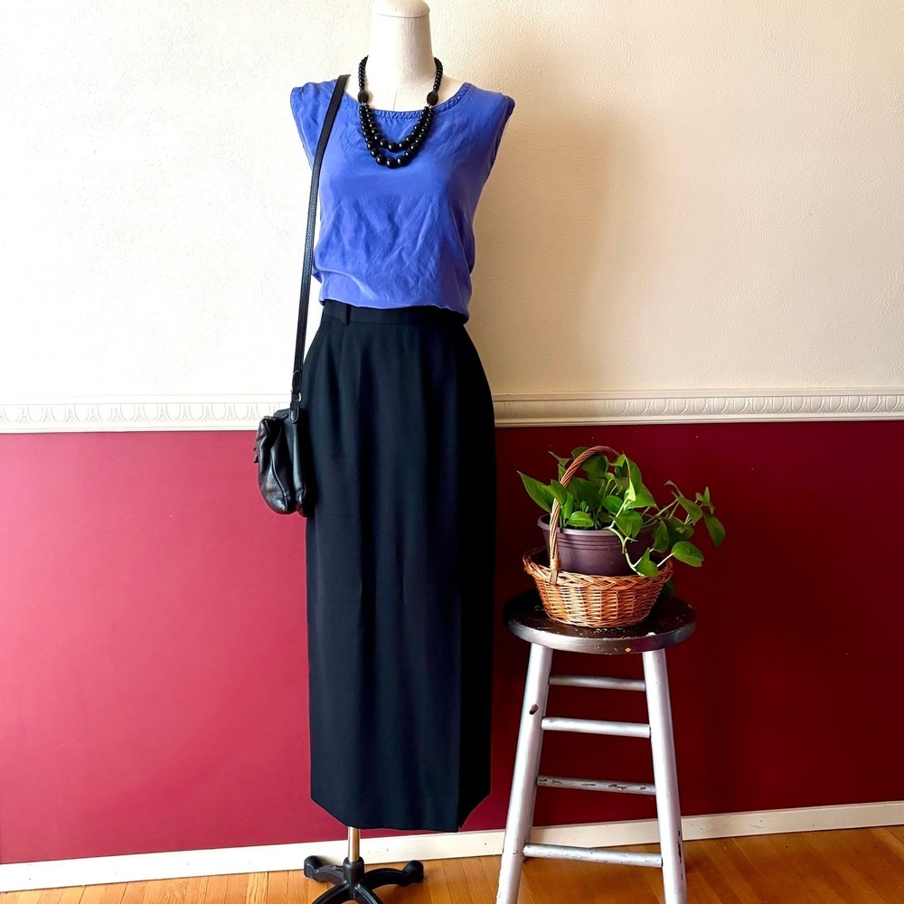 Vintage Black 100% Wool Midi Pencil Skirt High Waist Pockets 8 JH Collectibles